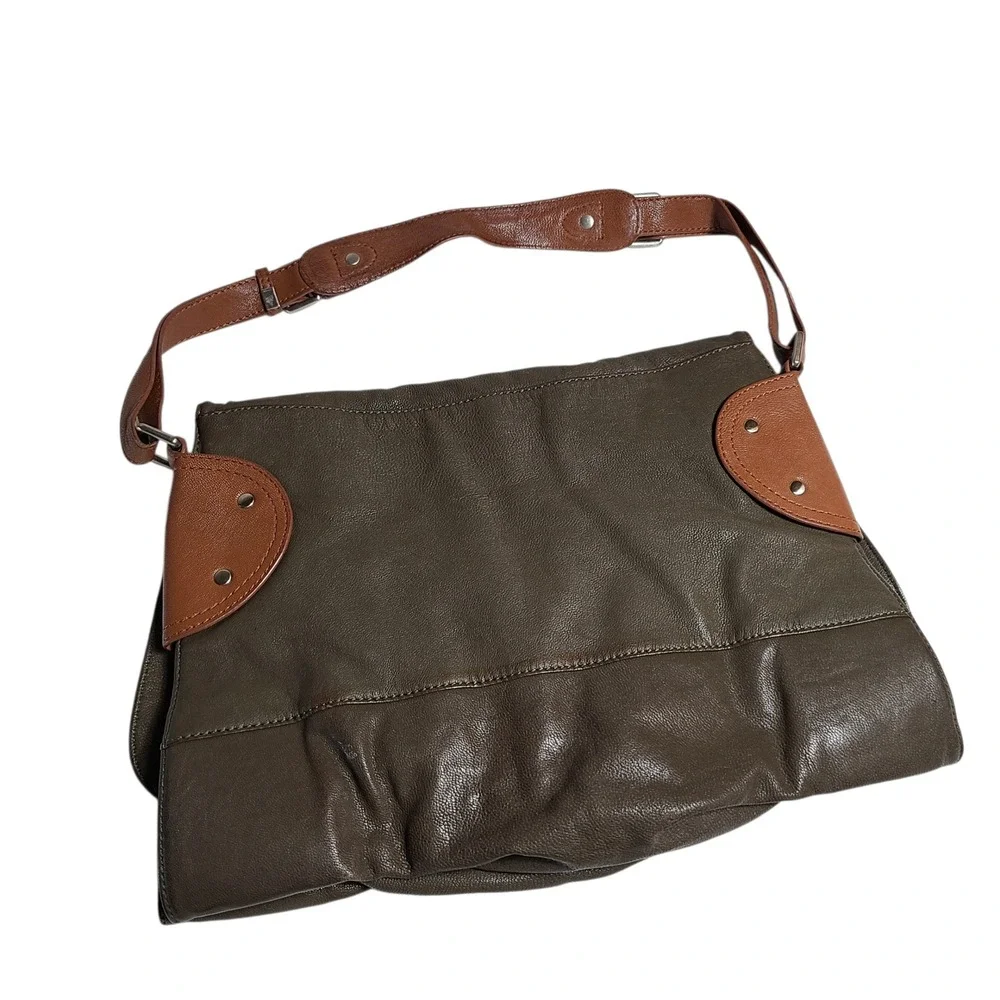 Sondra Roberts Espresso Brown Leather Satchel Bag Slouchy Hobo Vegan Boho Hippie